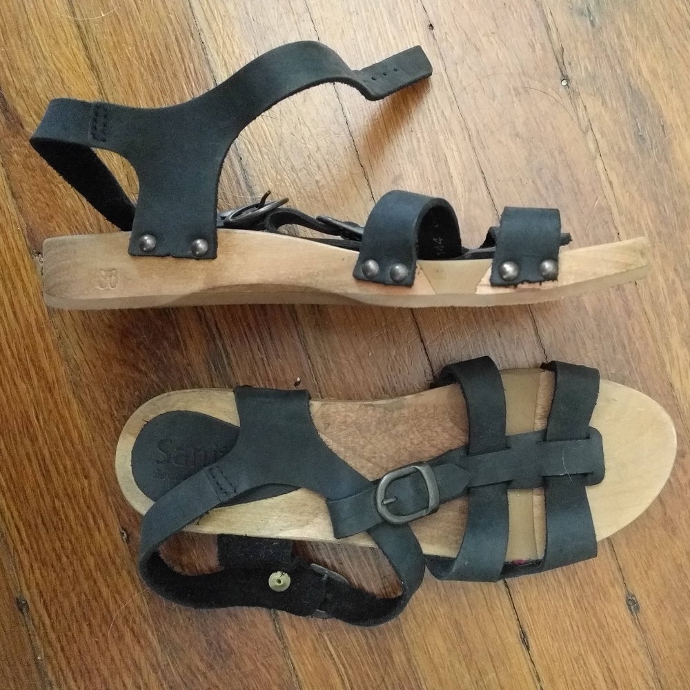 Wooden Sandals with Black Leather Straps